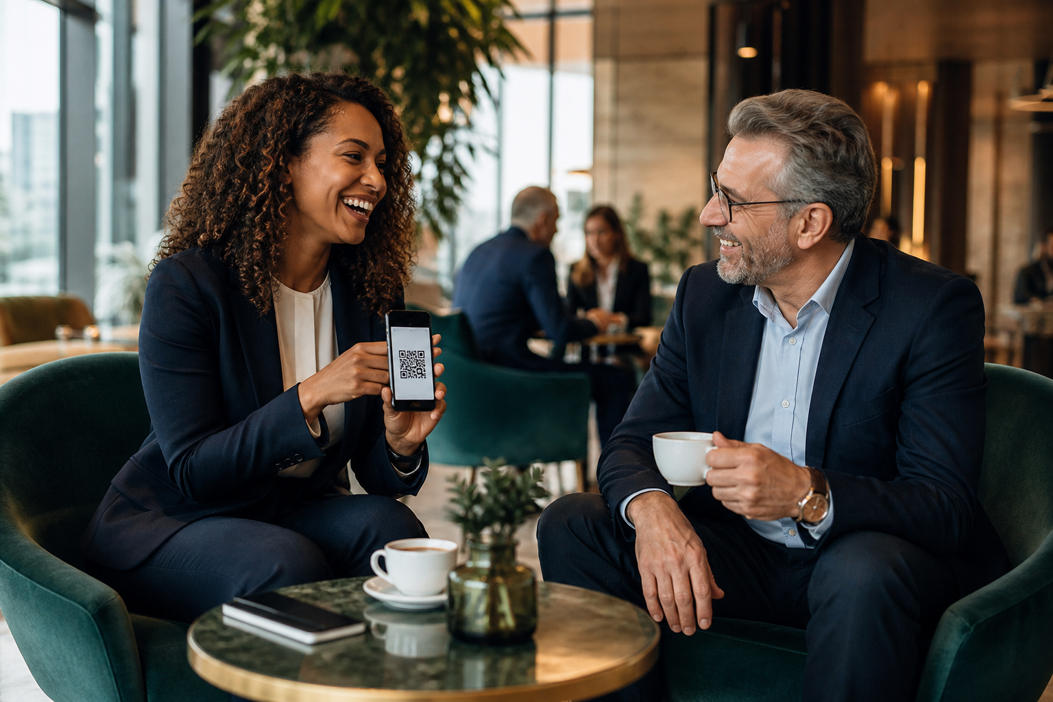 A businesswoman and manager exchanging a QR card over coffee