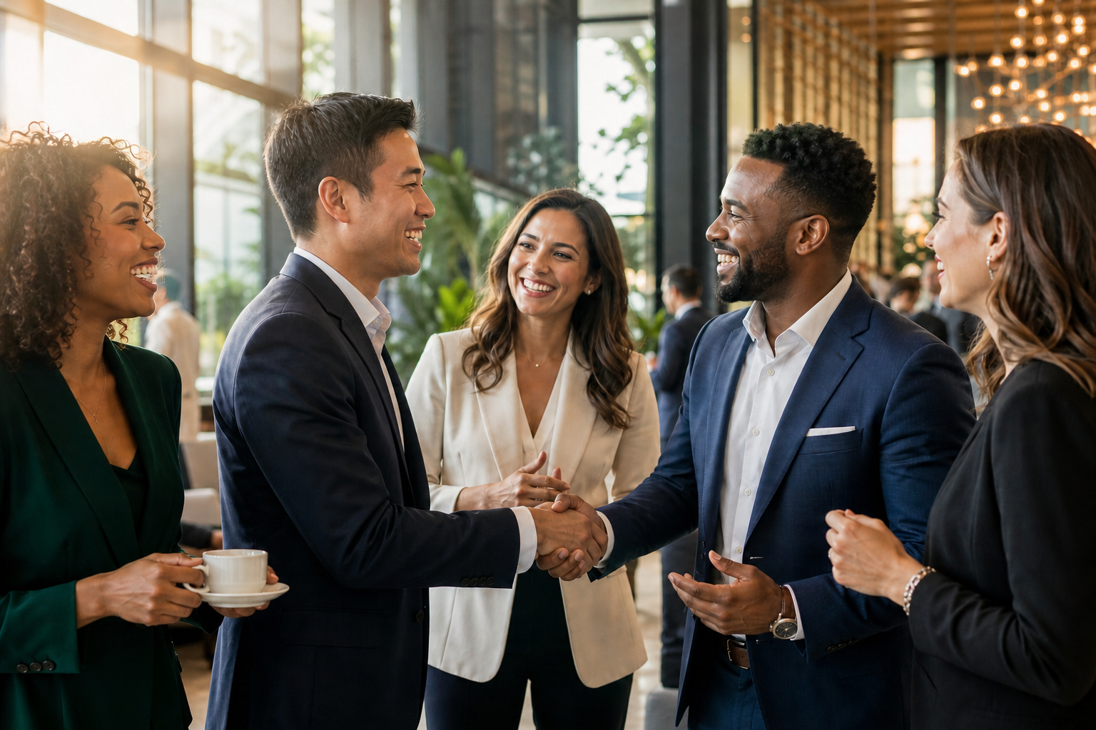 Professionals laughing and shaking hands at an international gathering