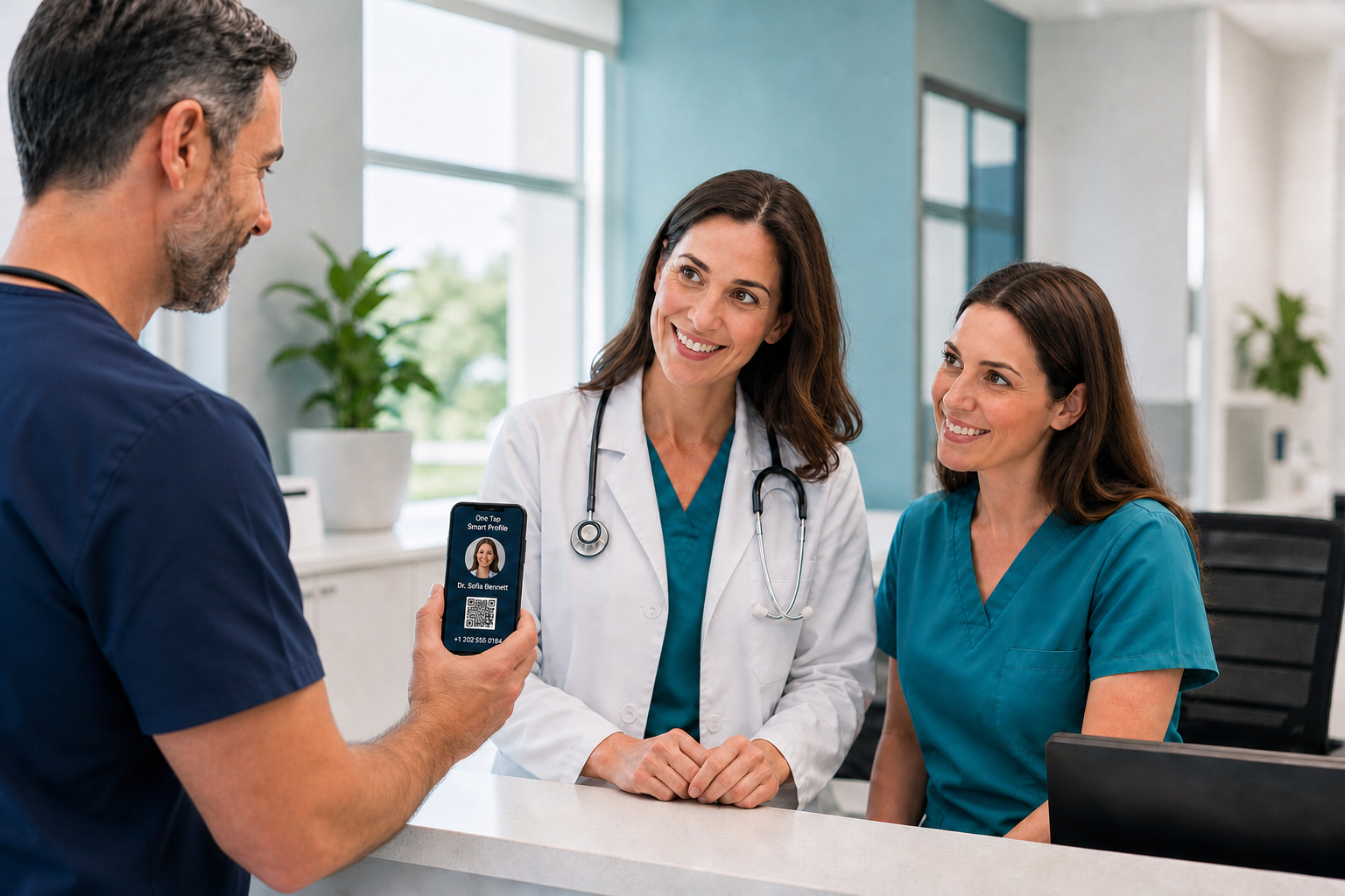 A doctor showing Dr. Sofia Bennett’s professional profile to two doctors in a clinic