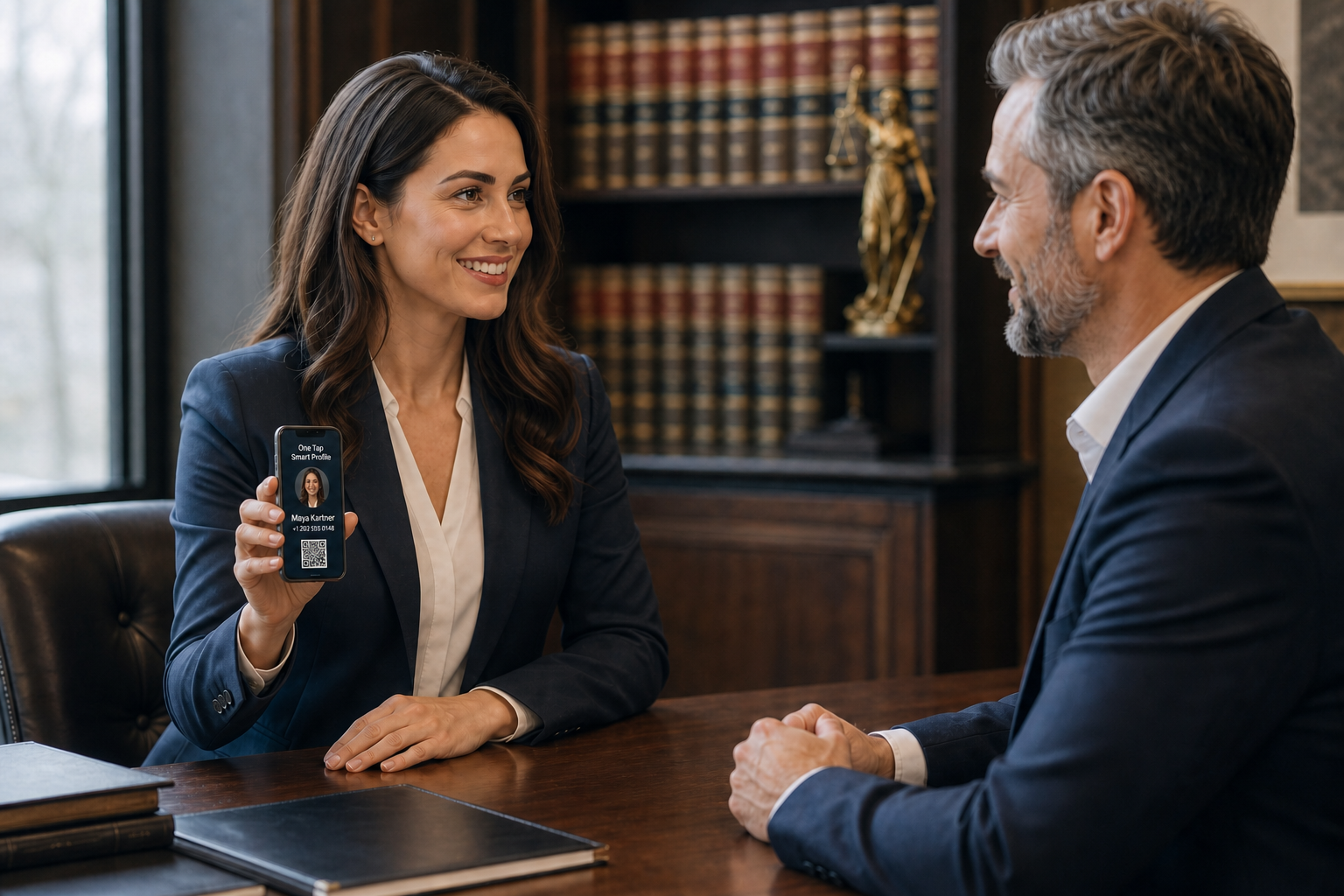 A lawyer holding Maya Kartner’s professional profile on a small phone in her right hand in a law office