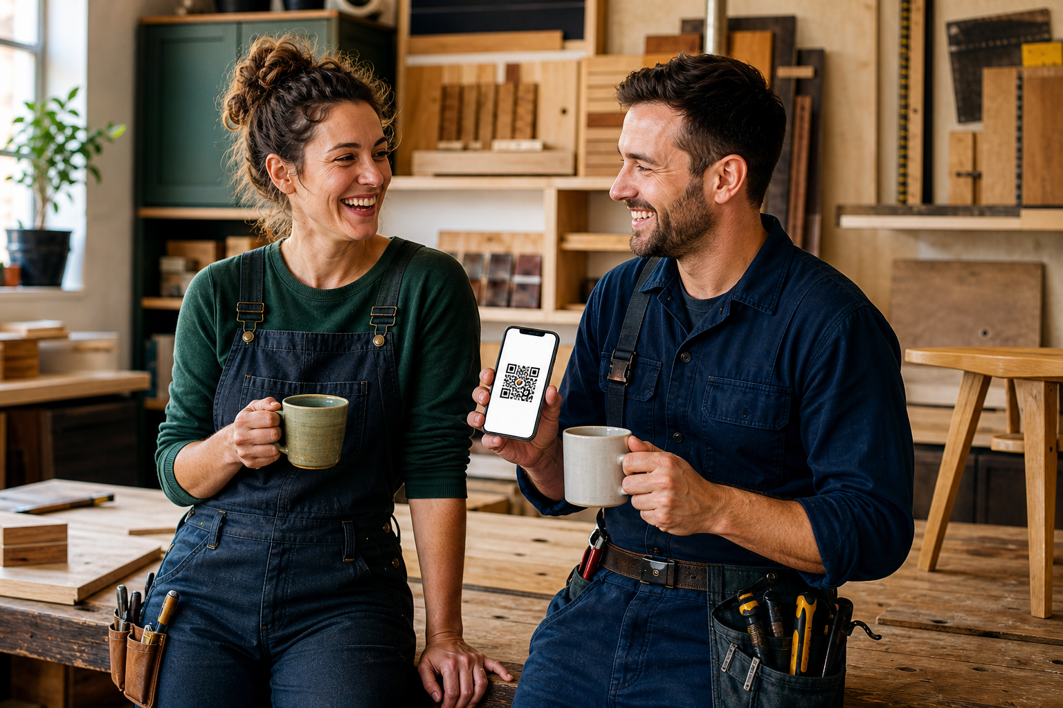 A craftswoman and technician exchanging a QR card during a coffee break in a tidy workshop