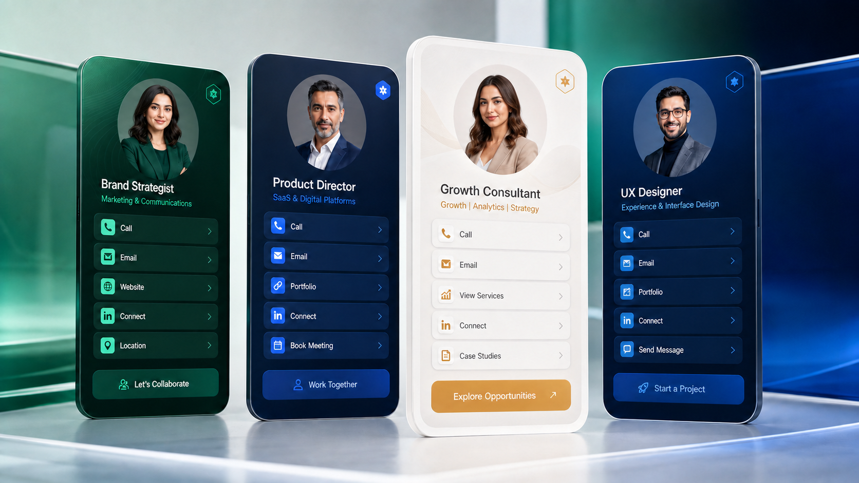 Four professional digital cards for different people