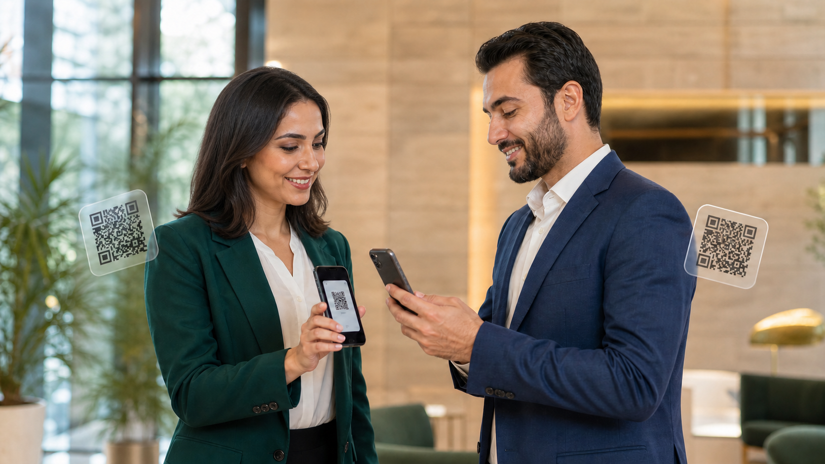 A man and woman exchanging a digital card by QR